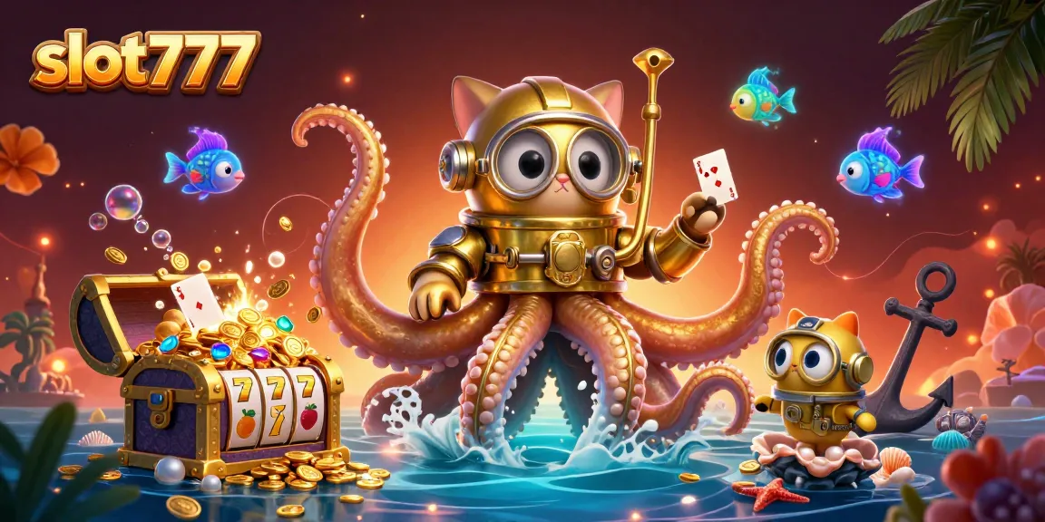 Engage with slot777 as a cartoon kraken and diving cat explore a treasure-filled ocean scene.