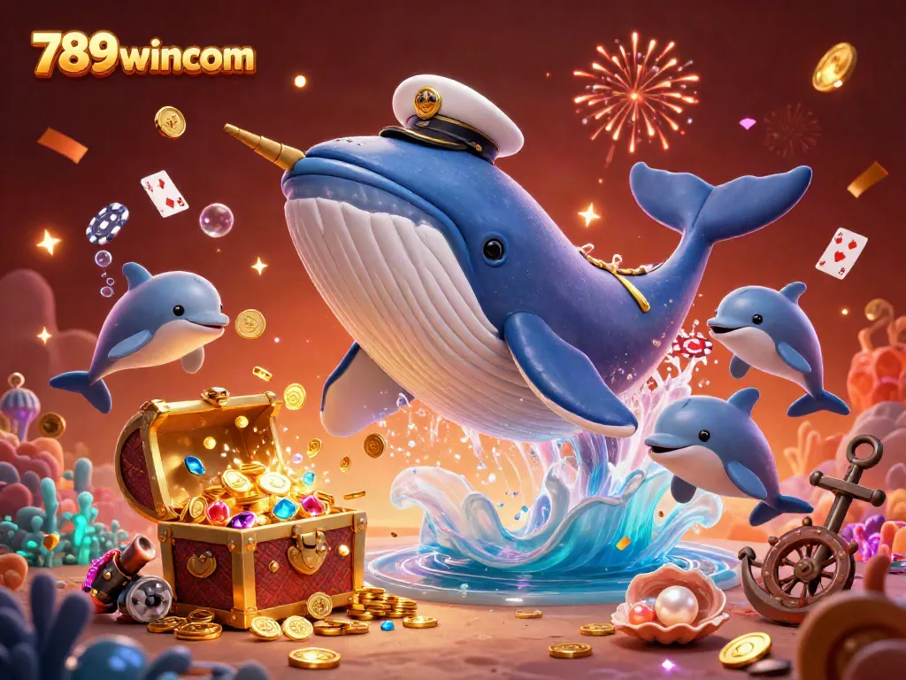 Experience exciting wins at 789wincom, featuring a 3D whale and dolphins amidst a treasure scene.