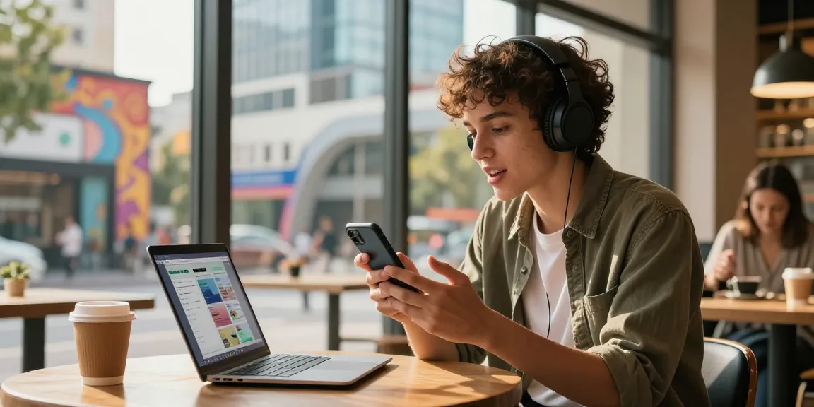 Person chatting with their AI gf in a lively café environment, showcasing modern tech interaction.