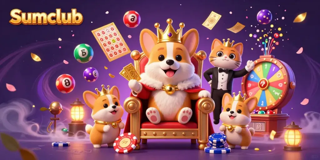 Engage in lively gaming excitement with Sumclub's royal corgi and vibrant casino elements.