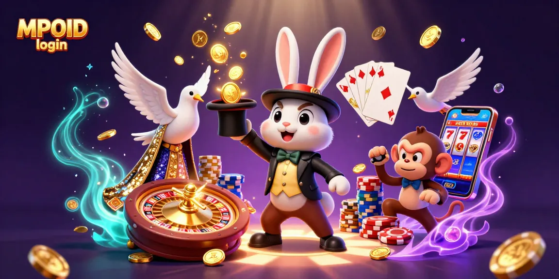 Experience MPOID login magic with a magician rabbit and dazzling casino elements.
