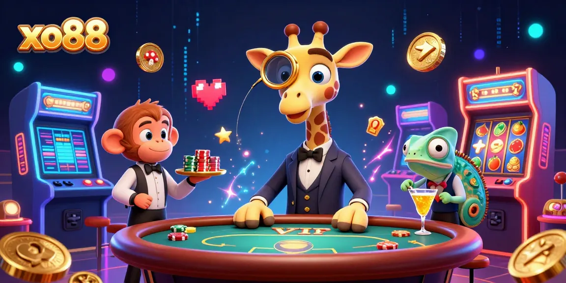 Play slots with xo88 illustrated through a vibrant scene featuring a giraffe, monkey, and chameleon.