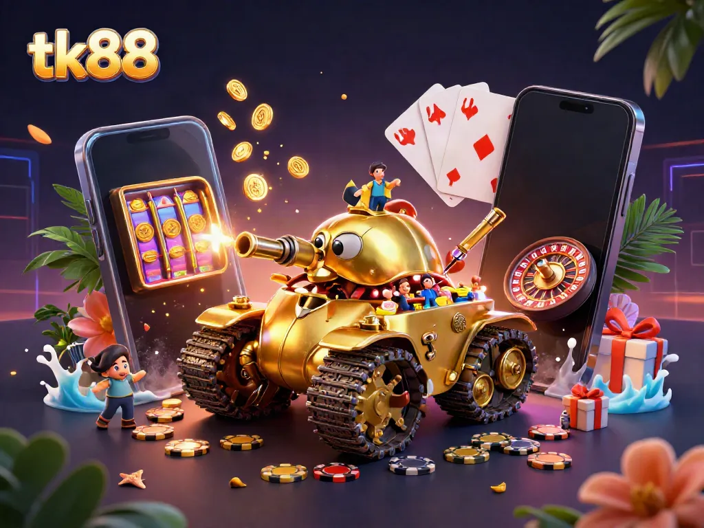 Join the excitement at tk88 with a vibrant 3D casino scene showcasing a unique beetle tank casino.