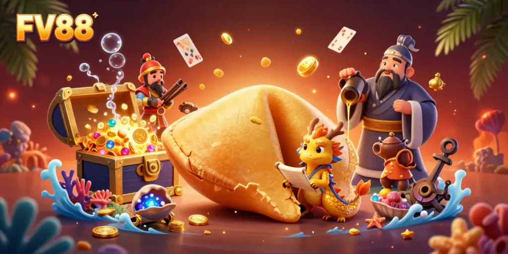 Engage with FV88's exciting online casino gaming atmosphere featuring vibrant characters and treasure.