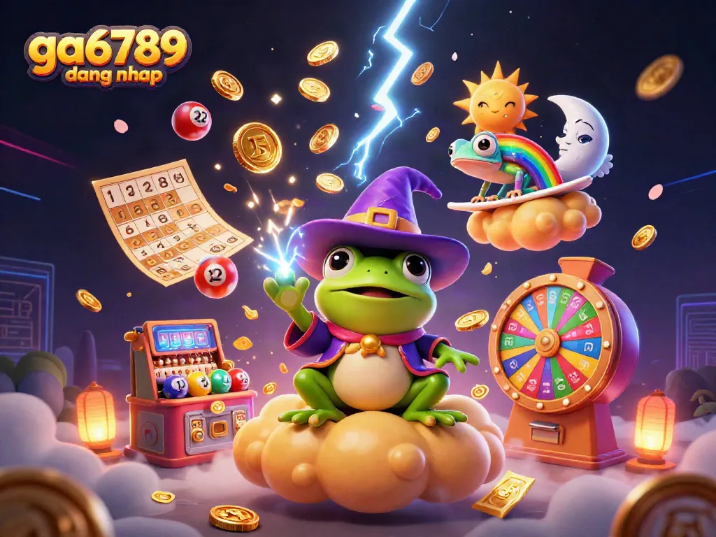 Engage with ga6789 dang nhap as the weather wizard frog creates a golden coin storm amidst vibrant gambling elements.