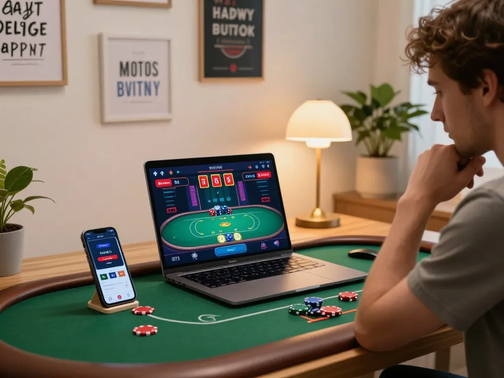 MPOID Alternative gameplay scene showing a focused gamer engaged in online poker strategy at home.