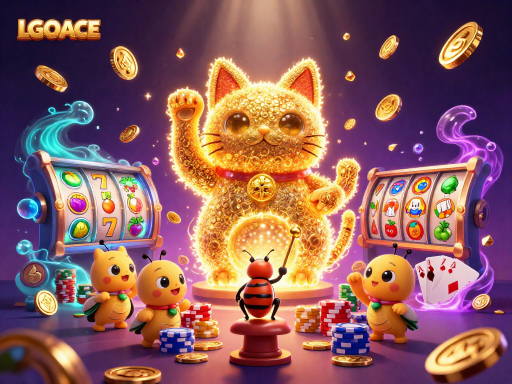 LGOACE showcases a vibrant 3D illustration with a lucky cat and dynamic casino symbols.
