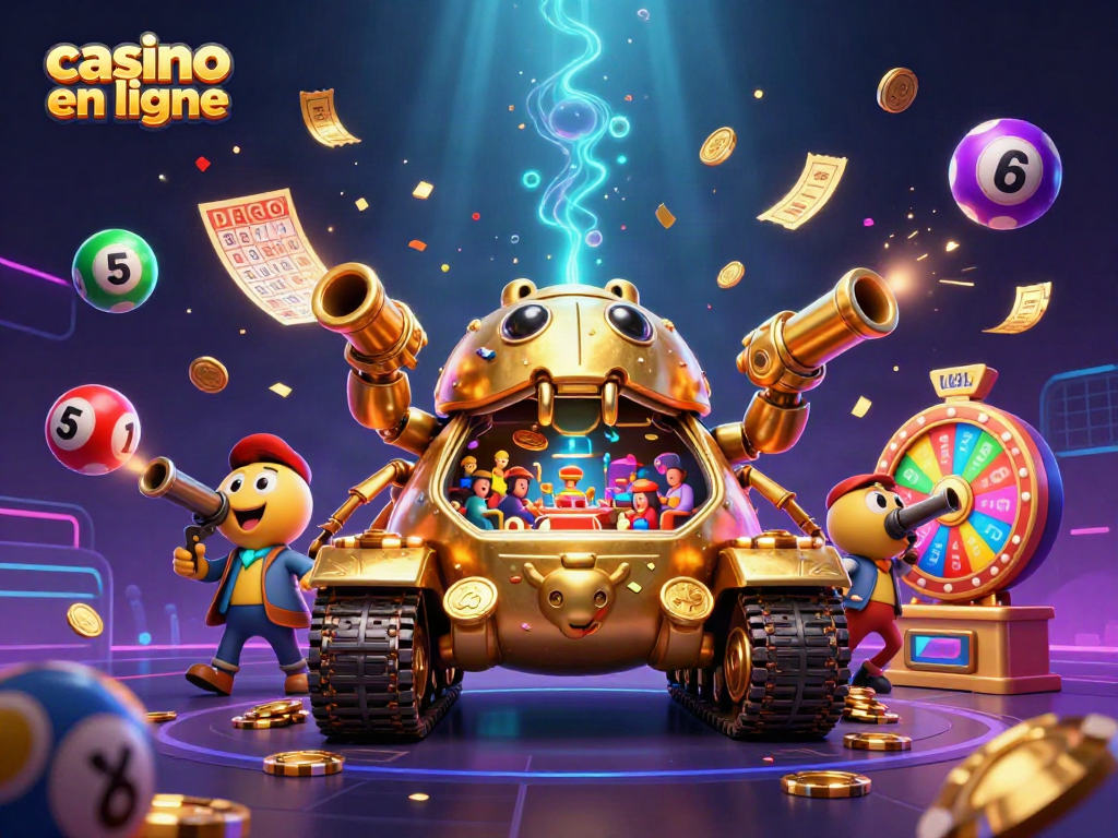 Jouez au casino en ligne dans une scène dynamique avec des éléments festifs et colorés.