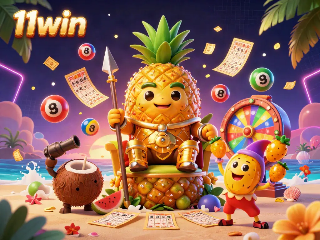 Experience the excitement of 11win with a vibrant casino scene featuring a golden pineapple king and dynamic game elements.