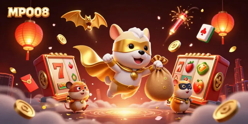 MPO08 superhero dog and hamster in a lively casino scene, showcasing slot reels and vibrant symbols.
