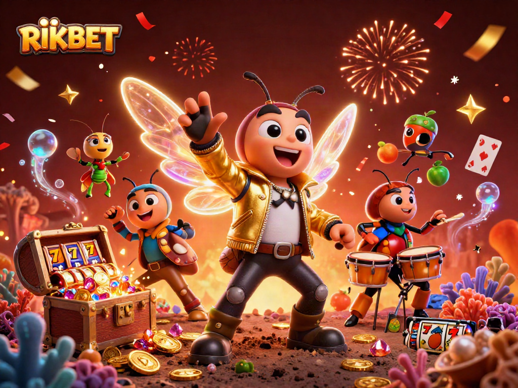 Engage with RIKBET's vibrant casino scene featuring a rock star cicada and dynamic gaming elements.
