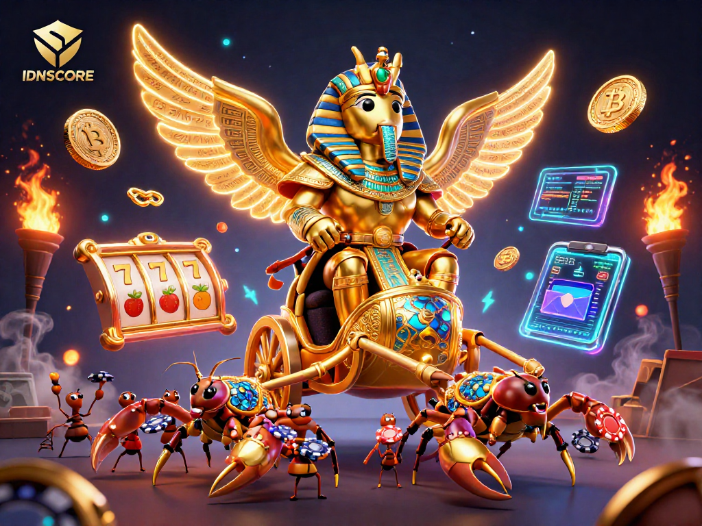 IDNSCORE features joyful gamblers winning loyalty points, surrounded by slot reels and crypto prizes.