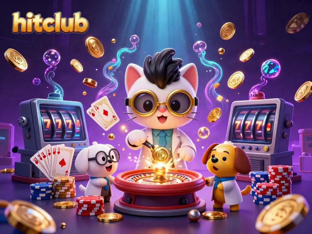 Experience the excitement of hitclub with a vibrant casino scene featuring a mad scientist cat and dog amidst sparkling treasures.