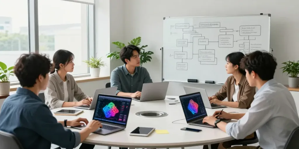 Collaborative team meeting on Enterprise AI development in a modern workspace.