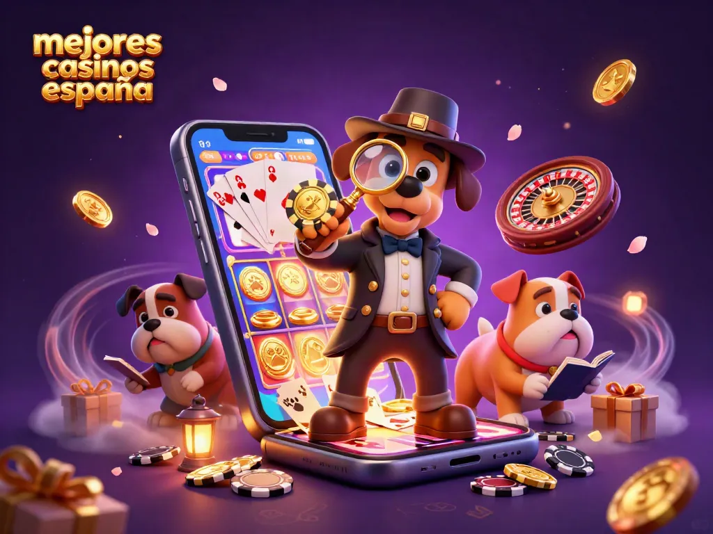 Descubre los mejores casinos España en esta ilustración 3D, con un detective y elementos de juego emocionantes.