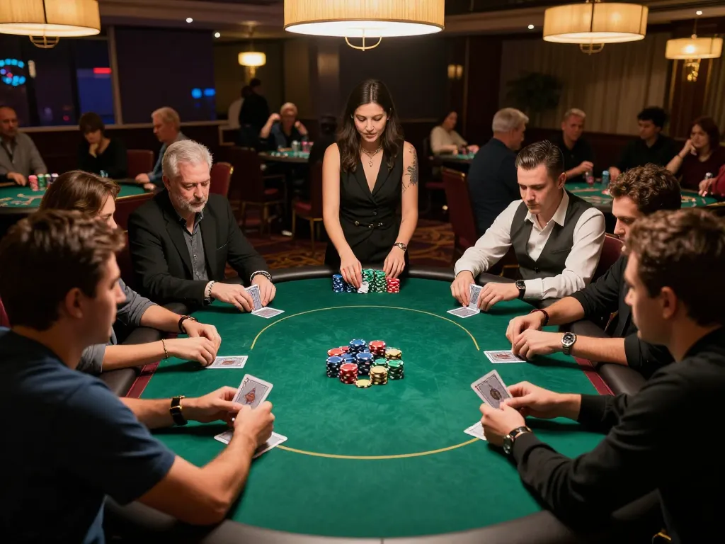 UG DEWA casino players strategizing at poker table in an upscale environment