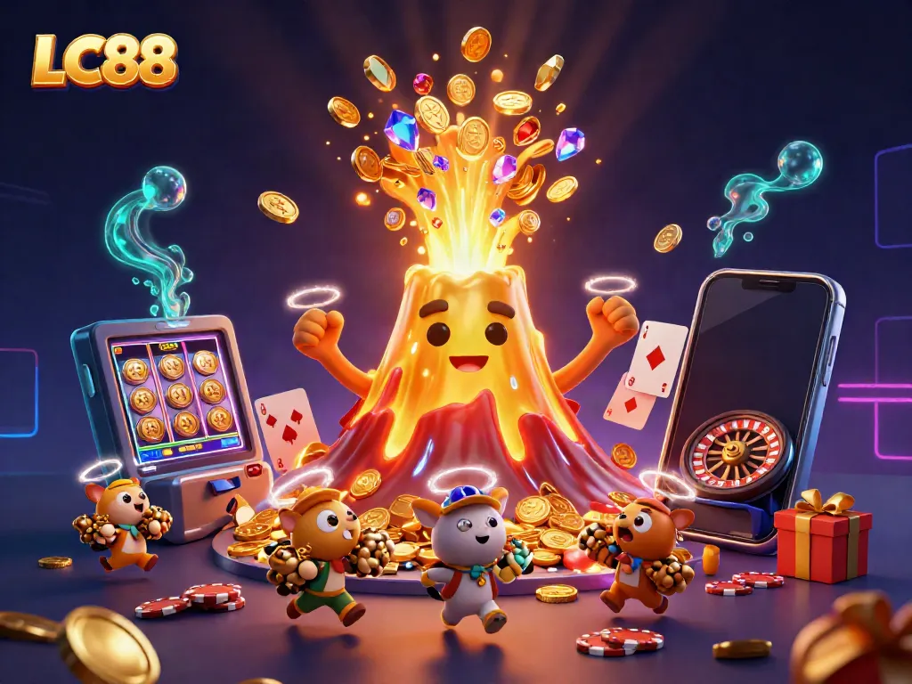 Experience thrilling gameplay with LC88 featuring a victorious volcano erupting treasure and casino elements.