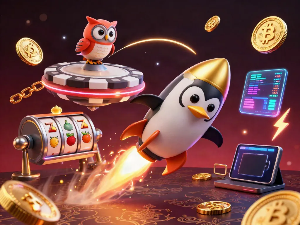 Spin the reels of slot online with a golden penguin blasting to a casino space, featuring Bitcoin and Ethereum elements.