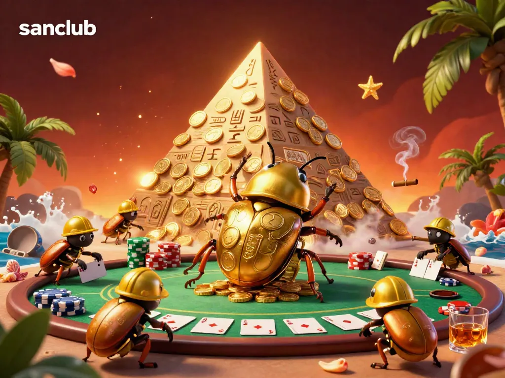 Experience the thrilling world of sanclub with a vibrant 3D scene featuring golden beetles and casino elements.
