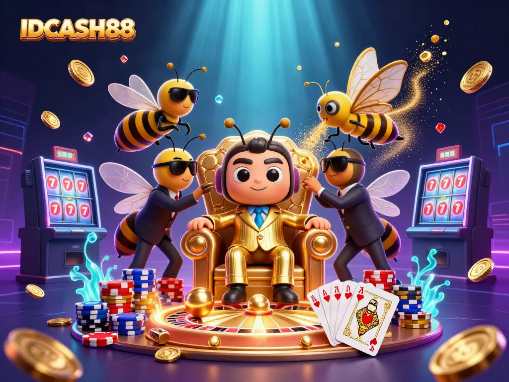 Engage with IDCASH88 as the bumblebee mob boss presides over a vibrant casino scene with stunning details.