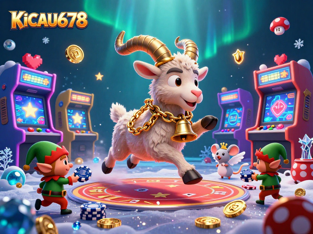 Experience thrilling gameplay at KICAU678 with festive Krampus and playful elves in a vibrant casino scene.
