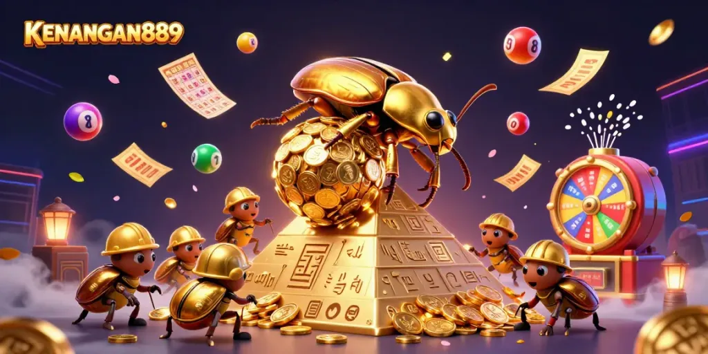 Engage with KENANGAN889 in a vibrant casino environment featuring a golden beetle and dynamic lottery elements.