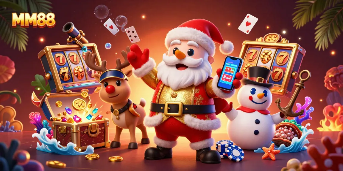 MM88 players enjoy slot reels and jackpots in a vibrant casino scene with festive characters.