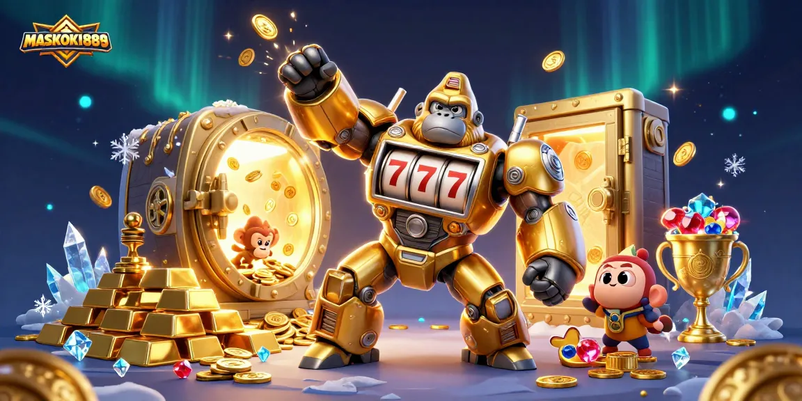 Engage with winning opportunities at MASKOKI889, featuring a golden gorilla mech amidst treasures and casino excitement.