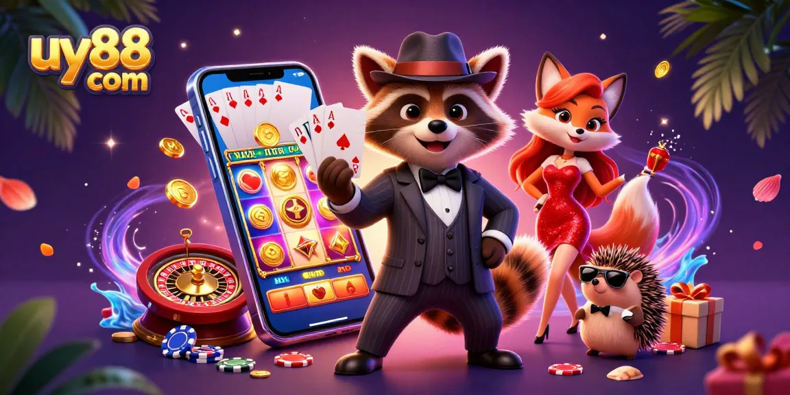 Experience excitement at uy88 com with a suave raccoon and friends celebrating casino wins.