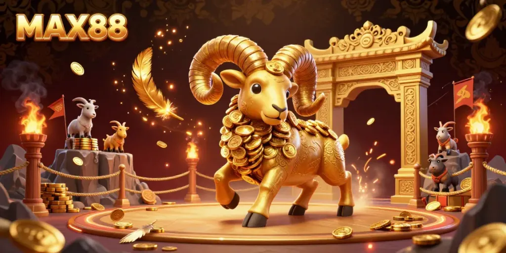 Experience the excitement of gaming at MAX88, featuring a golden ram charging through a vibrant casino arena.