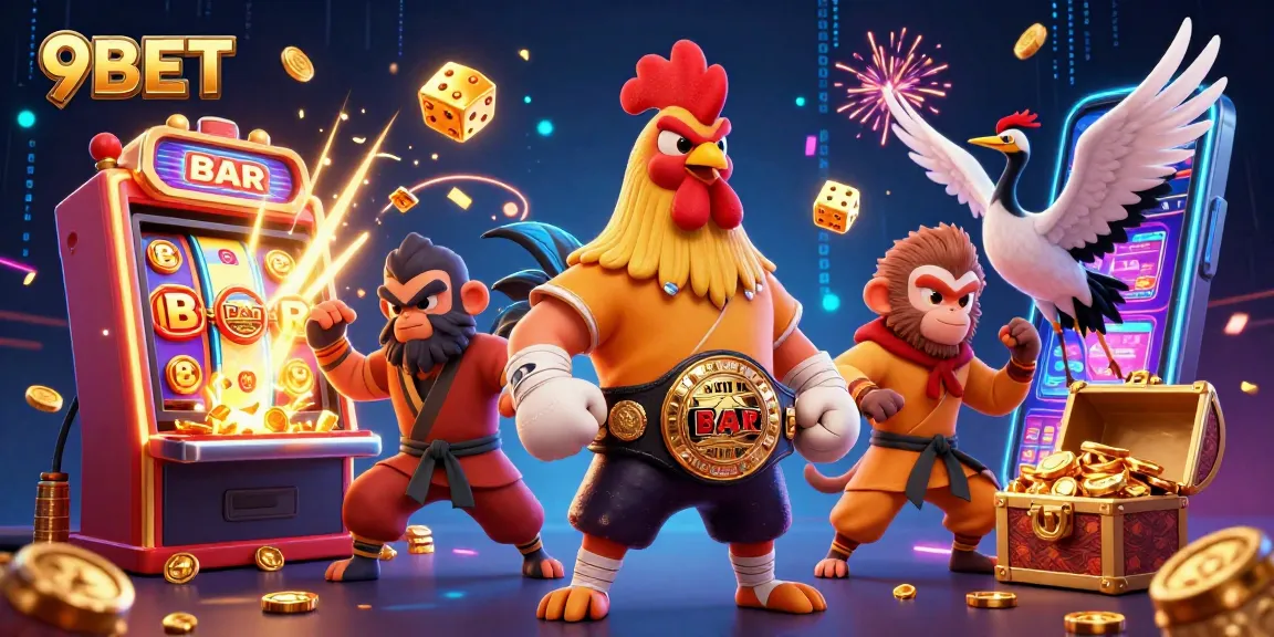 Experience the excitement of 9BET with a vibrant 3D casino scene featuring dynamic characters and thrilling game elements.