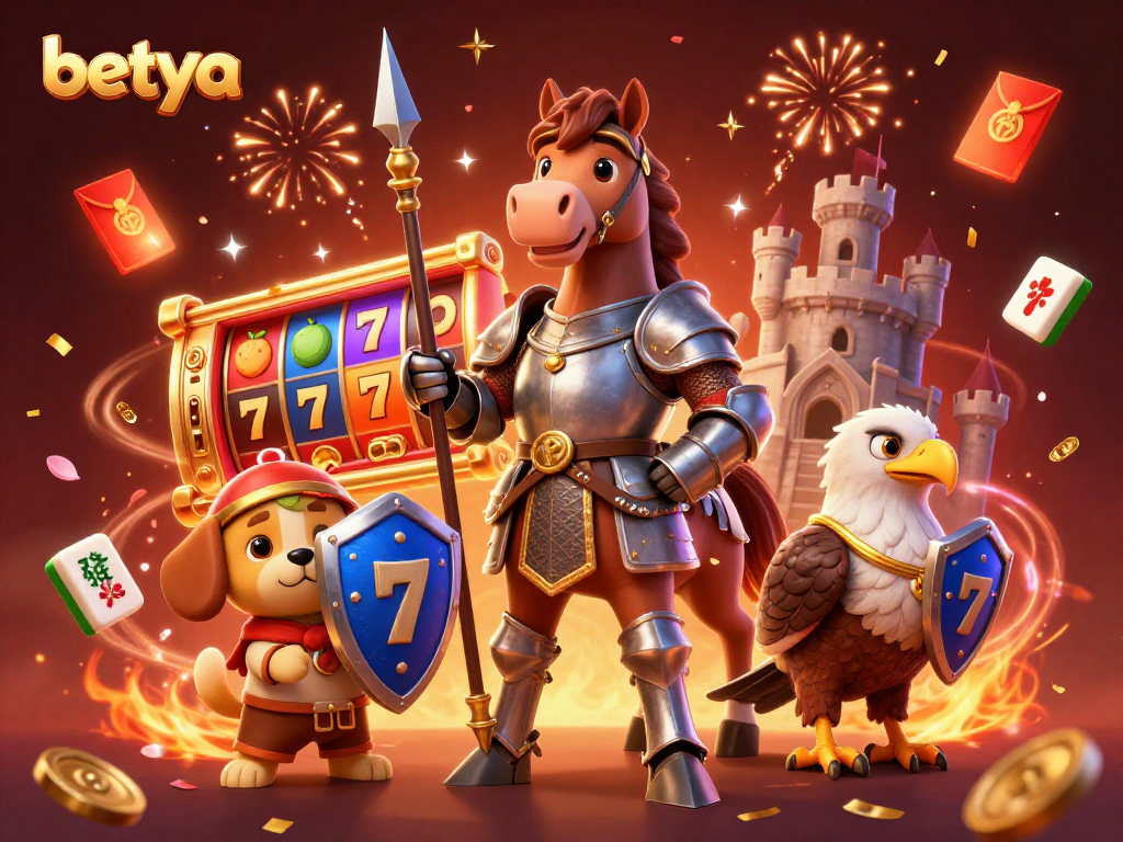 Betya’s dynamic casino scene showcases a knight, puppy, and falcon among vibrant slot elements.
