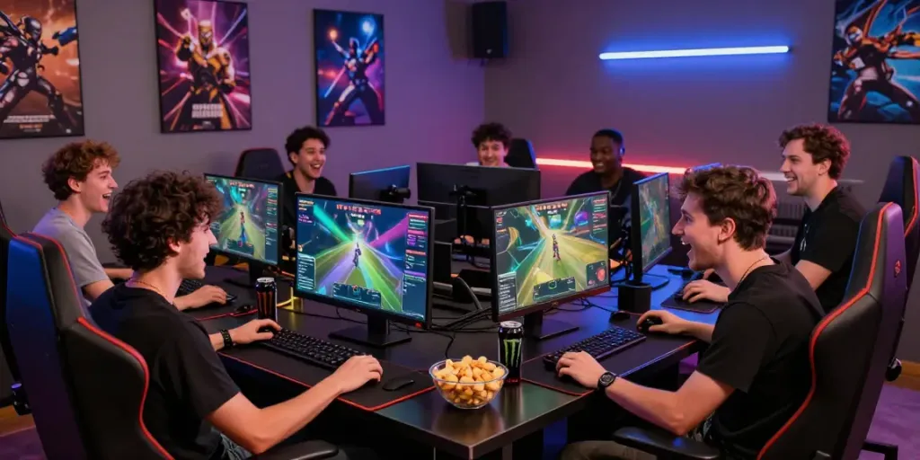 Men enjoying an exciting gaming session at Manclub, showcasing camaraderie and high-tech setup