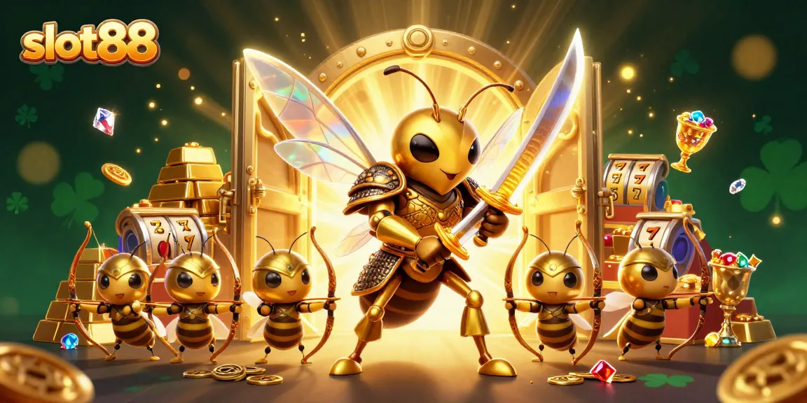 Experience slot88 excitement with golden hornet in samurai armor and treasure-filled magic scene.