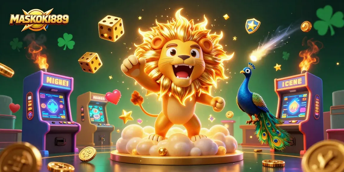 Engage with MASKOKI889 as the sun lion triumphantly roars amidst dynamic casino elements, showcasing vibrant gaming excitement.