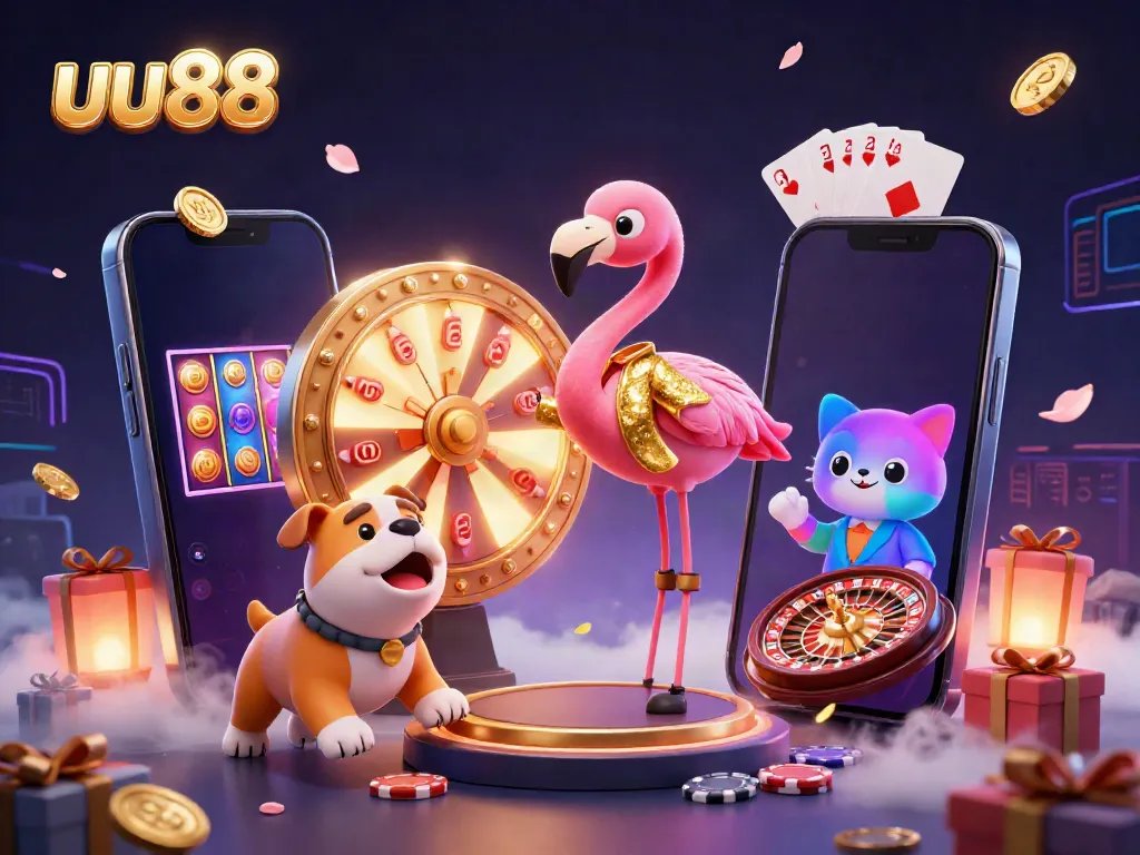 Experience excitement at uu88 with a flamingo host, a bulldog contestant, and vibrant slot game elements.