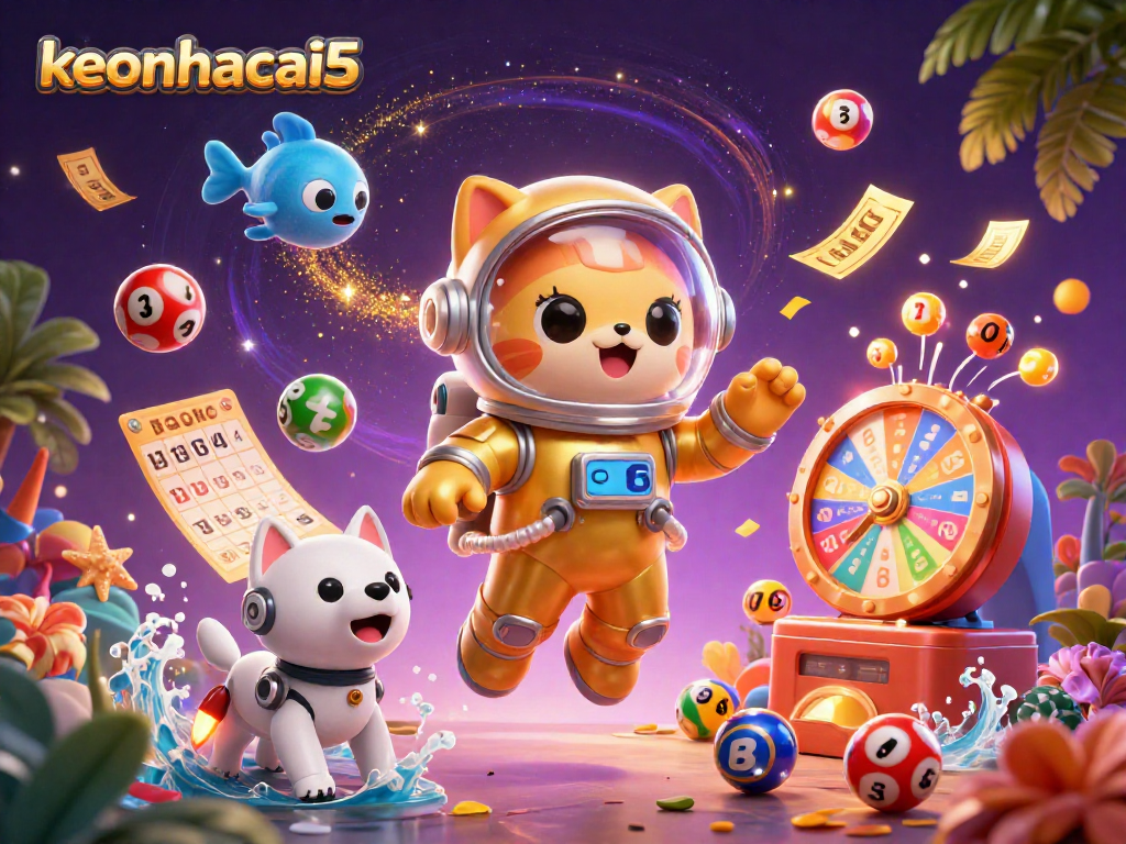 Experience the thrill of keonhacai5 with a vibrant lottery scene featuring cat astronauts and dynamic game elements.