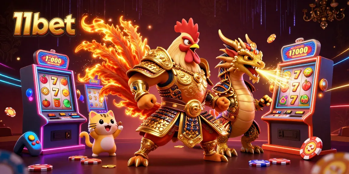 Engage with 11bet's vibrant casino scene featuring a skilled rooster warrior, a dragon hatchling, and a fortune cat mascot.