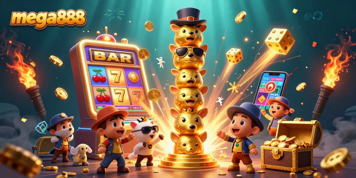 Experience mega888's thrilling casino adventure with animated totem poles and vibrant slot machines.