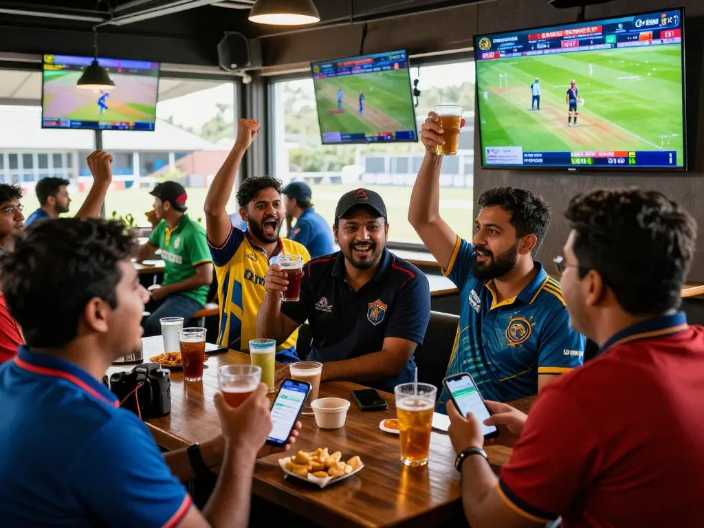 Excited fans engaging with the Crickex app during live cricket matches at a sports bar.
