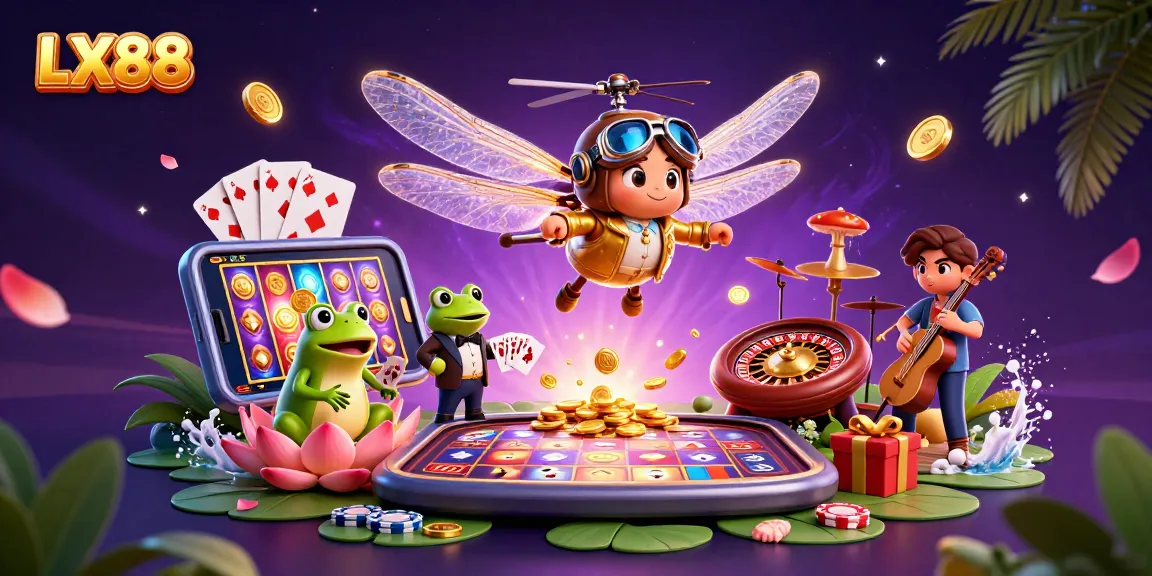 Experience thrilling gameplay with LX88 in a vibrant casino scene featuring cards, coins, and excitement.