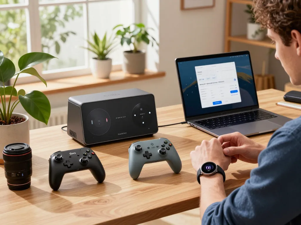 Explore top 10 tech gadgets 2084 including Bluetooth devices in a modern home office setting.