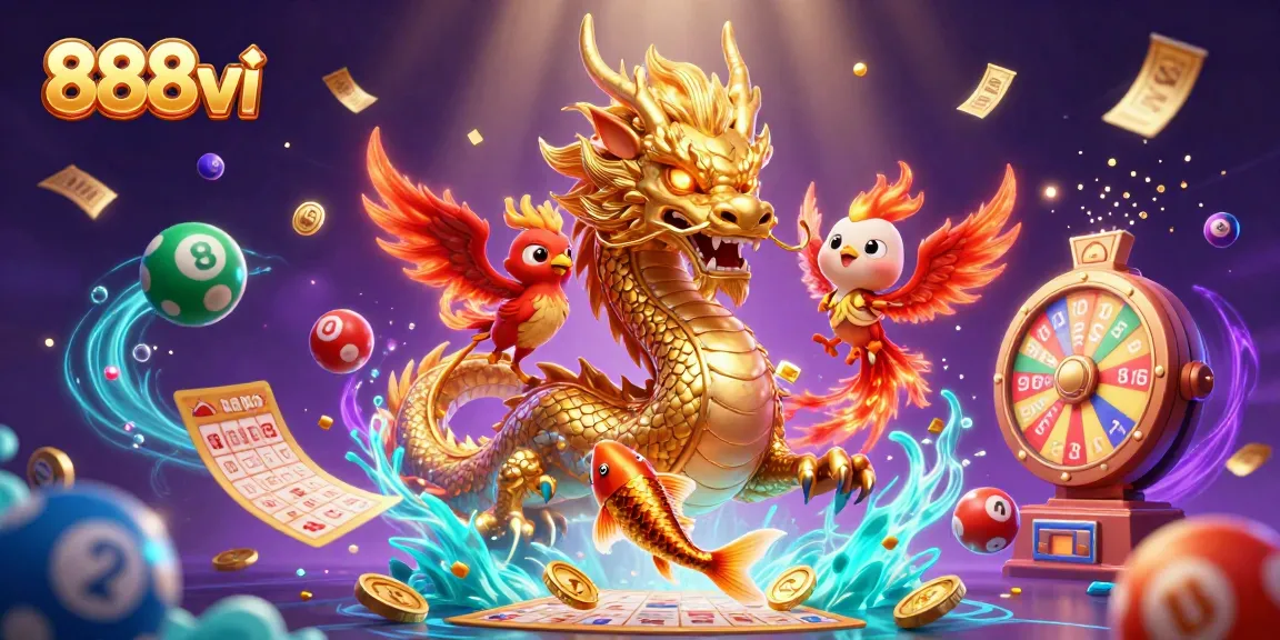 Experience the thrilling gambling adventure with 888vi, featuring a golden dragon, phoenix, and koi amidst festive gaming elements.