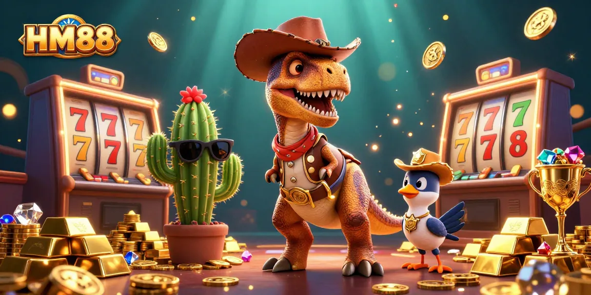 Experience excitement with HM88 as a T-Rex cowboy spins slot reels surrounded by gems and gold treasures.
