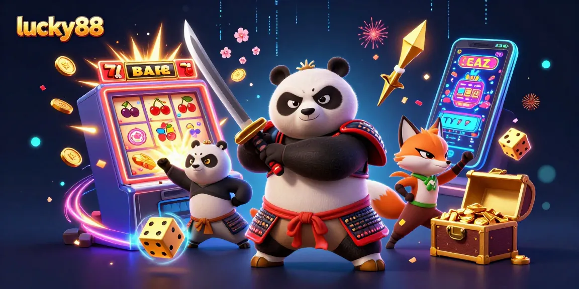Experience thrilling slots with lucky88 featuring samurai panda and ninja fox in a vibrant casino scene.