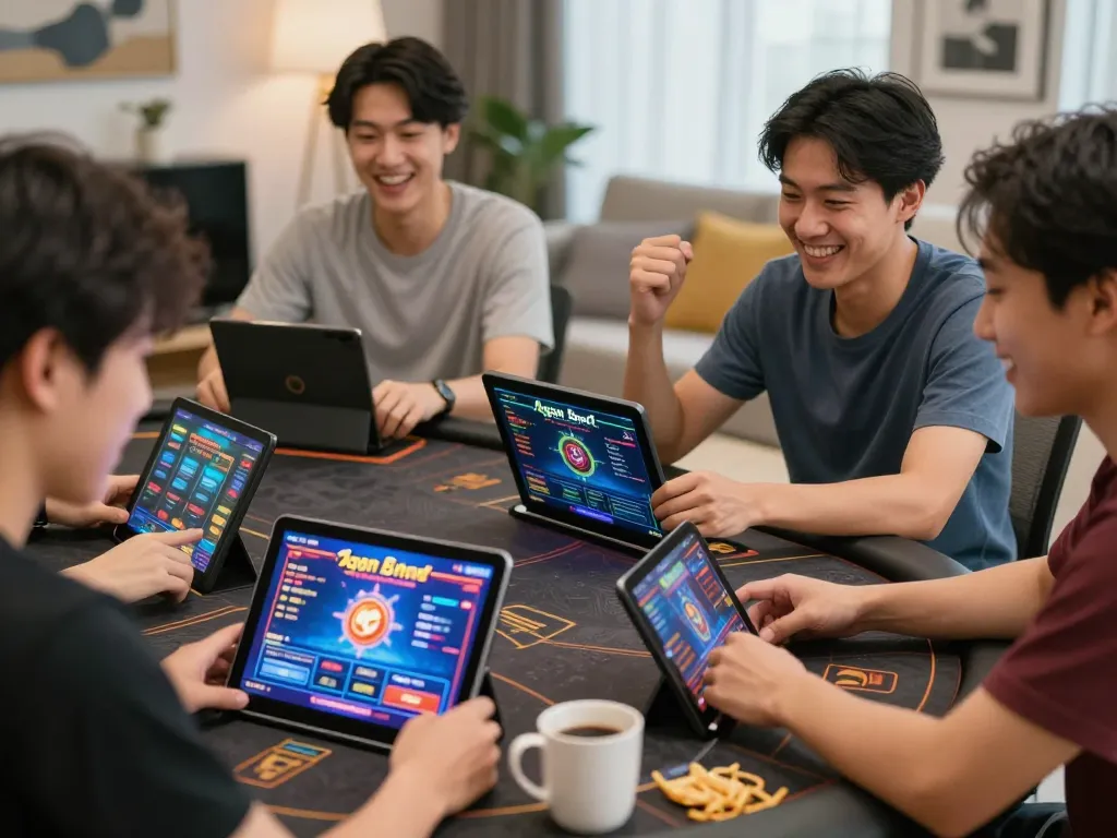 Engaged players enjoying their favorite Agen Slot online games on tablets in a cozy home setting.