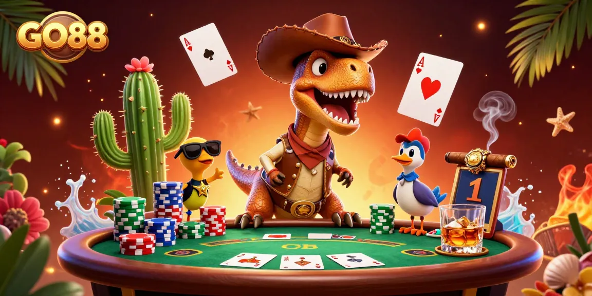 Experience GO88's thrilling gaming with a T-Rex cowboy and colorful poker elements in 3D.