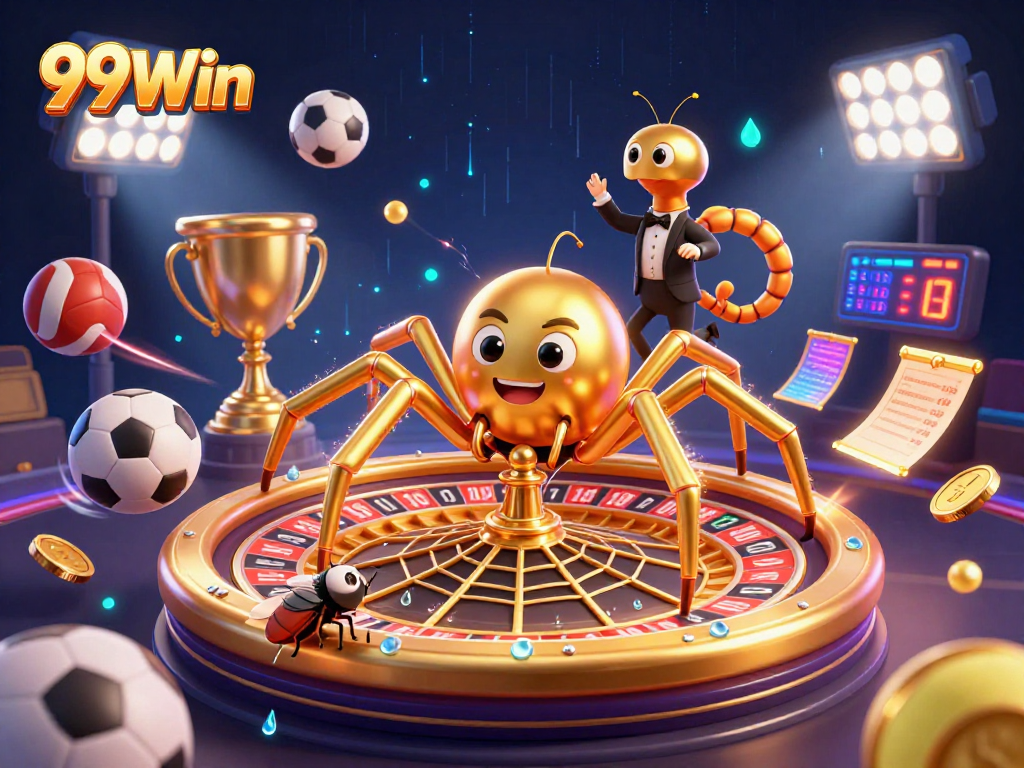 Experience the excitement of 99Win with a golden spider and centipede croupier spinning a roulette wheel.
