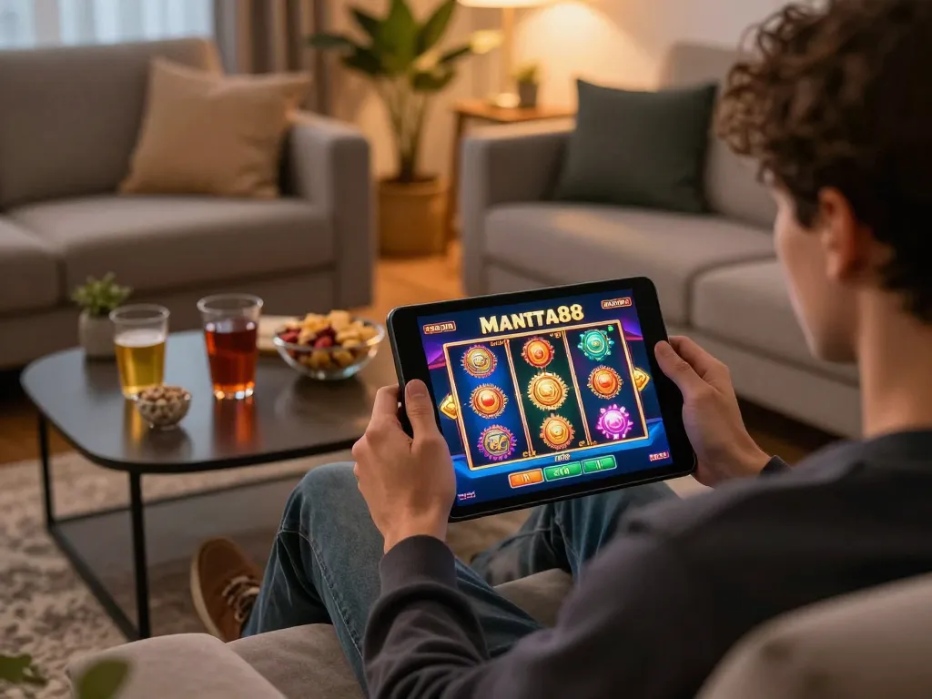 Engaging gameplay experience on mantra88 with vivid slot graphics on a tablet in a cozy home setup.