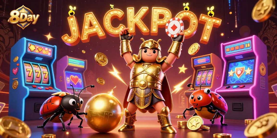 Experience thrilling wins with 8Day's vibrant gaming setup showcasing colorful slots and lively characters.